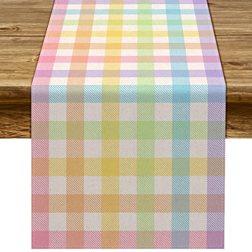 Pudodo Easter Buffalo Plaid Check Table Runner Spring Holiday Farmhouse Fireplace Kitchen Dining Room Home Party Decoration (13" x 72")