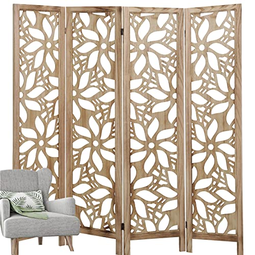 ECOMEX 4 Panel Cutout Room Divider 5.6Ft Wood Room Dividers and Folding Screens Carved Room Dividers Screen for Home Office Restaurant Bedroom, Natural