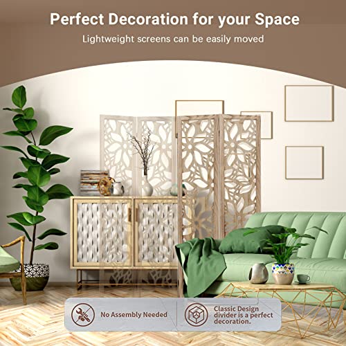 ECOMEX 4 Panel Cutout Room Divider 5.6Ft Wood Room Dividers and Folding Screens Carved Room Dividers Screen for Home Office Restaurant Bedroom, Natural