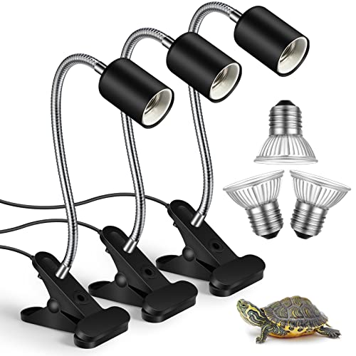 3 Set Reptile Heat Lamp Turtle Lamp Holder Fixture Clamp Basking Spot Lamp Adjustable 50W UVA UVB Full Spectrum Sun Lamp Sunbathe Heat Bulb for Turtle Snake Aquarium Chameleon Amphibian, Black