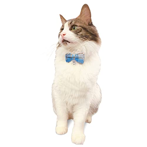 Breakaway Cat Collar with Cute Bow Tie and Bell, BuntyJoy Cat Collars for Girl Cats and Boy Cats, Safety Kitten Collars, Stylish Plaid Patterns, Light Blue, Pack of 1