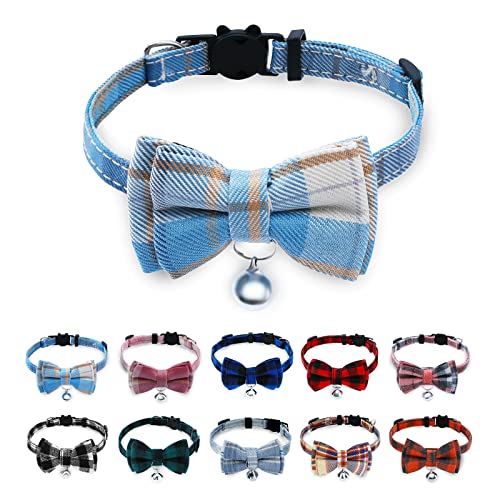 Breakaway Cat Collar with Cute Bow Tie and Bell, BuntyJoy Cat Collars for Girl Cats and Boy Cats, Safety Kitten Collars, Stylish Plaid Patterns, Light Blue, Pack of 1