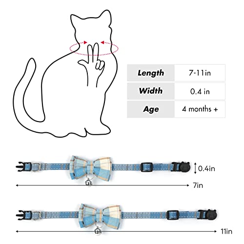 Breakaway Cat Collar with Cute Bow Tie and Bell, BuntyJoy Cat Collars for Girl Cats and Boy Cats, Safety Kitten Collars, Stylish Plaid Patterns, Light Blue, Pack of 1