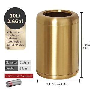 LEASYLIFE 10 L/2.6Gallon,Brass Stainless Steel Trash can,Open Top Wastebasket Bin, Brass Garbage Can for Bathroom,Living Room,Office,Kitchen,Bedroom,Hotel (Gold)