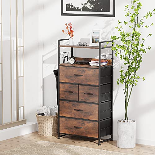 Lulive Dresser, Chest of Drawers, 5 Drawers Dresser for Bedroom, Hallway, Entryway, Storage Organizer Unit with Cationic Fabric, Sturdy Metal Frame, Wood Tabletop, Easy Pull Handle (Rustic Brown)
