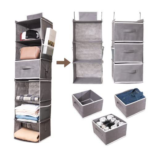 TSM 6-Shelf Hanging Closet Organizer with Drawers, Two 3-Shelf Separable Hanging Shelf, Hanging Storage, Closet Hanging Shelves for Nursery, Closet, Camper and RV Storage (Grey)