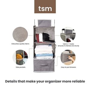 TSM 6-Shelf Hanging Closet Organizer with Drawers, Two 3-Shelf Separable Hanging Shelf, Hanging Storage, Closet Hanging Shelves for Nursery, Closet, Camper and RV Storage (Grey)