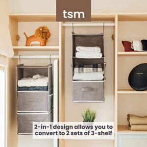 TSM 6-Shelf Hanging Closet Organizer with Drawers, Two 3-Shelf Separable Hanging Shelf, Hanging Storage, Closet Hanging Shelves for Nursery, Closet, Camper and RV Storage (Grey)