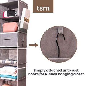 TSM 6-Shelf Hanging Closet Organizer with Drawers, Two 3-Shelf Separable Hanging Shelf, Hanging Storage, Closet Hanging Shelves for Nursery, Closet, Camper and RV Storage (Grey)