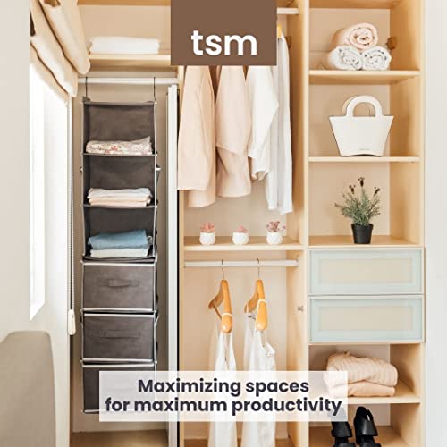 TSM 6-Shelf Hanging Closet Organizer with Drawers, Two 3-Shelf Separable Hanging Shelf, Hanging Storage, Closet Hanging Shelves for Nursery, Closet, Camper and RV Storage (Grey)