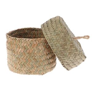 storage baskets, handmade straw woven storage container with lid, 8x12.5cm seagrass storage basket, makeup snack organizer for garden wedding decoration(natural color)
