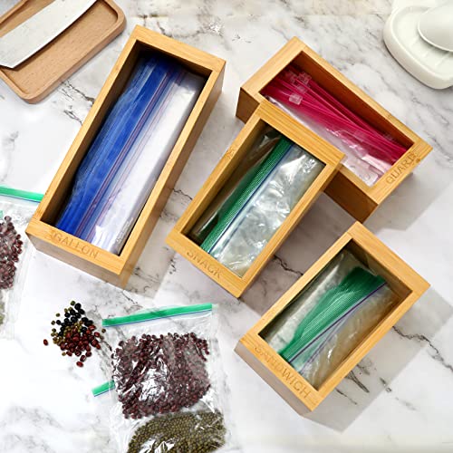 Ziplock Bag Storage Organizer Bamboo Upgraded Zip Lock Bags Container for Drawer, Baggie Dispenser Compatible with Ziploc, Hefty, Solimo, Glad, for Gallon, Quart, Sandwich, Snack & Variety Size Bags