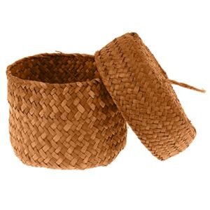 storage baskets, handmade straw woven storage container with lid, 8x12.5cm seagrass storage basket, makeup snack organizer for garden wedding decoration(yellow color)