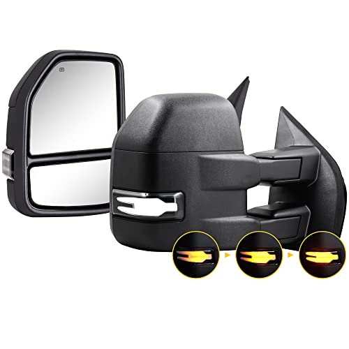 Towing Mirrors 22 to 8 Pin for 2015-2019 Ford F150 with Power Glass Dynamic Turn Signal Light Puddle Lamp Temp Sensor Heated Extendable Pair Set (Smoke Lens)