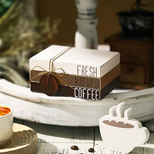 4 Pieces Mini Coffee Bar Sign Decor Accessories Coffee Tiered Tray Décor, Wooden Book Stacks Rustic Farmhouse Coffee Table Sign for Tiered Tray Decor