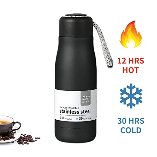 Stainless Steel Vacuum Insulated Water Bottle, Hydro Insulated Thermal Flask, Thermos Coffee Travel Mug, Double Walled Metal Tumbler, Keeps Cold And Hot, Leak-proof Lid with Carrying Loop, Black, 13oz