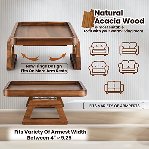 Tinamo Acacia Wood Sofa Armrest Tray -Sofa Arm Tray Table Clip - Couch Arm Table for Wide Couches - Wooden Side Tables for Small Spaces for Eating and Drink (Rectangular, Acacia)
