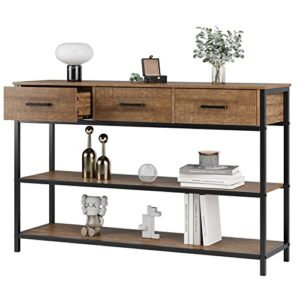 hifit console table with 3 drawers, industrial sofa table, entryway table with 3-tier storage shelves, rustic narrow entry table for living room/entryway/hallway, stable metal support, walnut brown