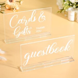 yulejo 2 pieces acrylic wedding reception sign guest book sign cards and gifts wedding sign with stand rustic farmhouse hanging for wedding cabin beach party home decor, 2 styles (white printing)