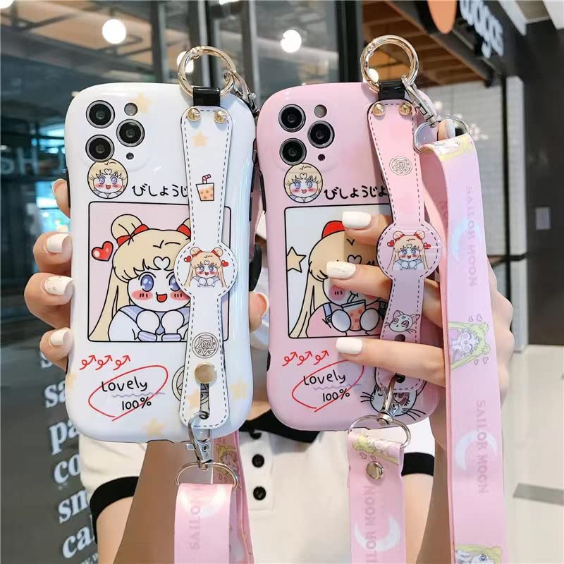 通用 Cute iPhone 12 Pro Max Shockproof Protective Case with Wristband Strap Kickstand Light Soft Silicone Shockproof Protective Cases Cover (White Sailor Moon Wristband+ Lanyard)