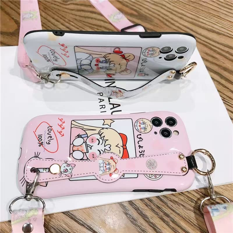 通用 Cute iPhone 12 Pro Max Shockproof Protective Case with Wristband Strap Kickstand Light Soft Silicone Shockproof Protective Cases Cover (White Sailor Moon Wristband+ Lanyard)