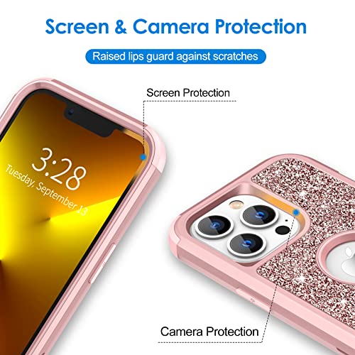 Hython Case for iPhone 13 Pro Max Case Glitter, Cute Shiny Bling Sparkle Cover, Heavy Duty 3 in 1 Hybrid Hard PC Soft TPU Bumper Full Body Shockproof Protective Phone Cases for Women Girls, Rose Gold