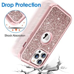 Hython Case for iPhone 13 Pro Max Case Glitter, Cute Shiny Bling Sparkle Cover, Heavy Duty 3 in 1 Hybrid Hard PC Soft TPU Bumper Full Body Shockproof Protective Phone Cases for Women Girls, Rose Gold