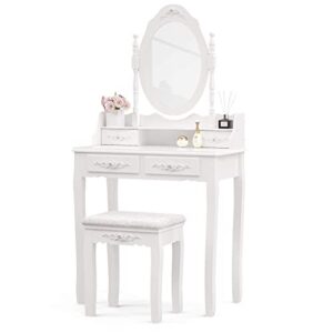 lagrima makeup vanity table set, makeup table and stool with oval mirror & 4 storage drawers, wooden dressing desk table furniture set for women girls
