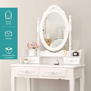 LAGRIMA Makeup Vanity Table Set, Makeup Table and Stool with Oval Mirror & 4 Storage Drawers, Wooden Dressing Desk Table Furniture Set for Women Girls