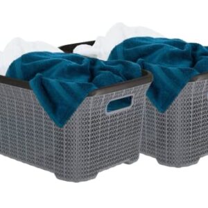 Plastic Laundry Basket Designed Small Storage Hamper Basket, 2 Pack Grey Cloths Basket Organizer with Cut-out Handles. Space Saving for Laundry Room Bedroom Bathroom, Knit Design 40 Liter.