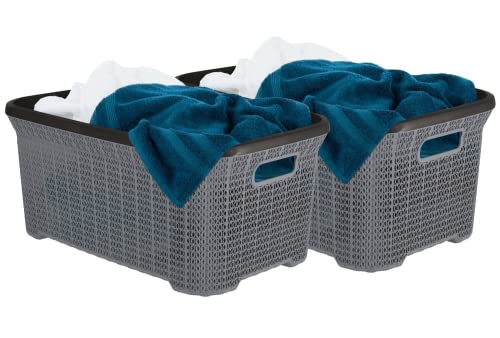 Plastic Laundry Basket Designed Small Storage Hamper Basket, 2 Pack Grey Cloths Basket Organizer with Cut-out Handles. Space Saving for Laundry Room Bedroom Bathroom, Knit Design 40 Liter.