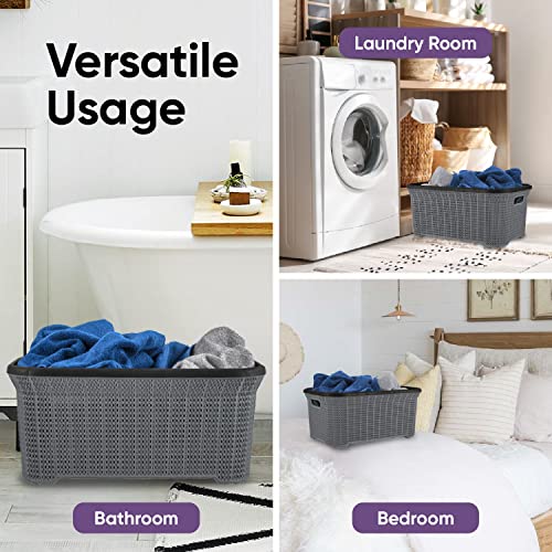 Plastic Laundry Basket Designed Small Storage Hamper Basket, 2 Pack Grey Cloths Basket Organizer with Cut-out Handles. Space Saving for Laundry Room Bedroom Bathroom, Knit Design 40 Liter.