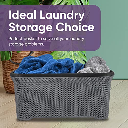 Plastic Laundry Basket Designed Small Storage Hamper Basket, 2 Pack Grey Cloths Basket Organizer with Cut-out Handles. Space Saving for Laundry Room Bedroom Bathroom, Knit Design 40 Liter.