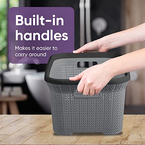 Plastic Laundry Basket Designed Small Storage Hamper Basket, 2 Pack Grey Cloths Basket Organizer with Cut-out Handles. Space Saving for Laundry Room Bedroom Bathroom, Knit Design 40 Liter.