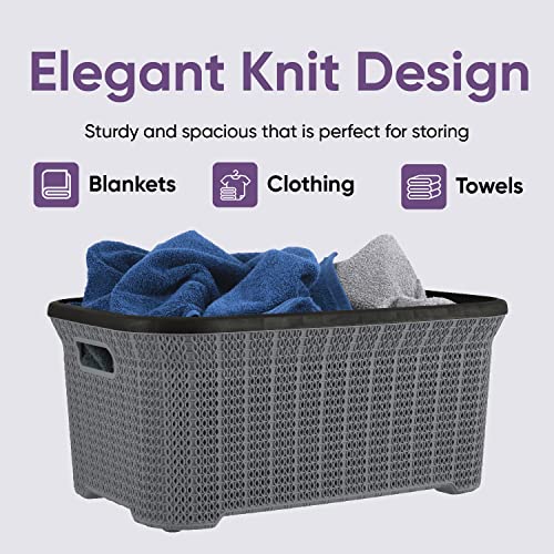 Plastic Laundry Basket Designed Small Storage Hamper Basket, 2 Pack Grey Cloths Basket Organizer with Cut-out Handles. Space Saving for Laundry Room Bedroom Bathroom, Knit Design 40 Liter.