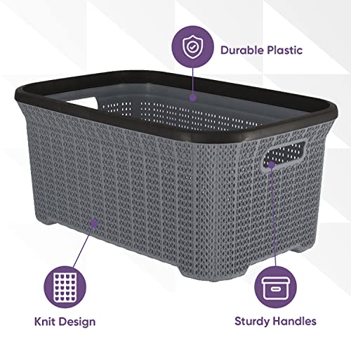 Plastic Laundry Basket Designed Small Storage Hamper Basket, 2 Pack Grey Cloths Basket Organizer with Cut-out Handles. Space Saving for Laundry Room Bedroom Bathroom, Knit Design 40 Liter.