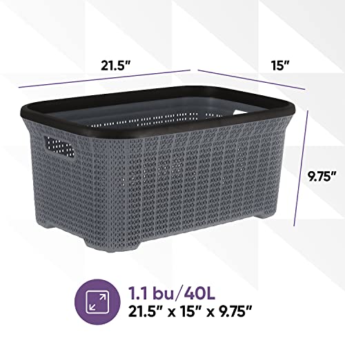 Plastic Laundry Basket Designed Small Storage Hamper Basket, 2 Pack Grey Cloths Basket Organizer with Cut-out Handles. Space Saving for Laundry Room Bedroom Bathroom, Knit Design 40 Liter.