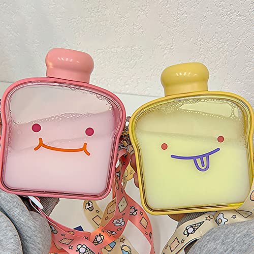 380ml Bread Design Water Bottle, Cute Expression Bread Design Mug Girls Summer Portable Leak-proof Plastic Cup with Strap Pink 380ml