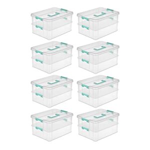 sterilite stack and carry 2 layer handle box, stackable plastic small storage container with latching lid, bin to organize crafts, clear, 8-pack
