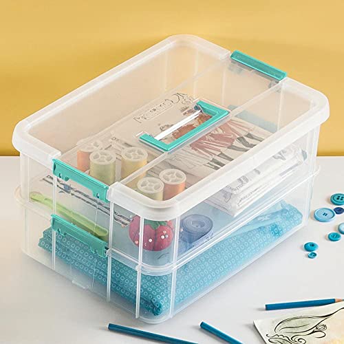 Sterilite Stack and Carry 2 Layer Handle Box, Stackable Plastic Small Storage Container with Latching Lid, Bin to Organize Crafts, Clear, 8-Pack