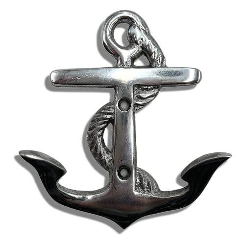 Needzo Silver Tone Metal Anchor Hooks, Heavy Duty Wall Mounted Coastal Towel Hook or Key Holder, Beachy Nautical Home Decor for Bathrooms and Kitchens, 4.5 Inches