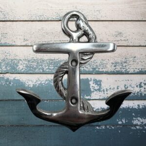 Needzo Silver Tone Metal Anchor Hooks, Heavy Duty Wall Mounted Coastal Towel Hook or Key Holder, Beachy Nautical Home Decor for Bathrooms and Kitchens, 4.5 Inches