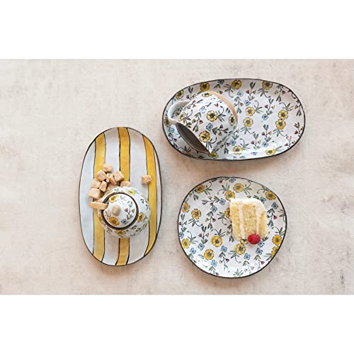 Creative Co-Op Hand-Painted Stoneware Floral/Striped Pattern, Set of 2 Platter Set, 11" L x 6" W x 1" H, Yellow