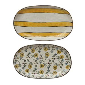 creative co-op hand-painted stoneware floral/striped pattern, set of 2 platter set, 11" l x 6" w x 1" h, yellow