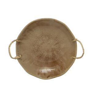 Creative Co-Op Stoneware Bowl with Rattan Wrapped Handles, Reactive Crackle Glaze,Cream