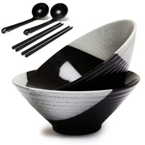 Superly Ceramic Ramen Bowl Set - Japanese Noodle Bowl with Chopsticks and Spoon - Large 60 Oz Bowls - Cute Asian Bowls for Udon, Vietnamese Pho - Soup Bowl with Unglazed Bottom and Screw Thread Design