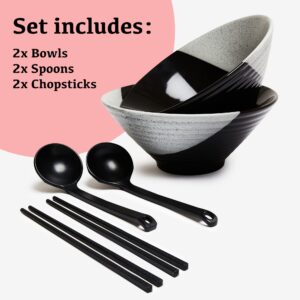 Superly Ceramic Ramen Bowl Set - Japanese Noodle Bowl with Chopsticks and Spoon - Large 60 Oz Bowls - Cute Asian Bowls for Udon, Vietnamese Pho - Soup Bowl with Unglazed Bottom and Screw Thread Design