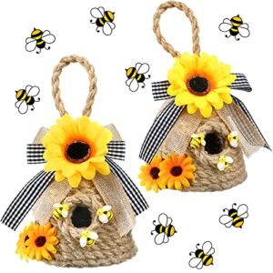 2 pieces mini beehive farmhouse bee hive decor bee tiered tray decor spring summer shelf sitter bee kitchen decor with sunflower bee home decor decorative honey bee decorations for home shelf decor