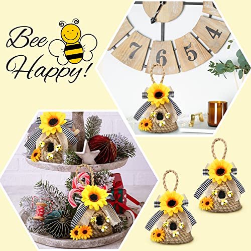 2 Pieces Mini Beehive Farmhouse Bee Hive Decor Bee Tiered Tray Decor Spring Summer Shelf Sitter Bee Kitchen Decor with Sunflower Bee Home Decor Decorative Honey Bee Decorations for Home Shelf Decor