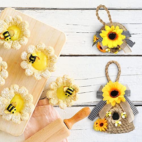 2 Pieces Mini Beehive Farmhouse Bee Hive Decor Bee Tiered Tray Decor Spring Summer Shelf Sitter Bee Kitchen Decor with Sunflower Bee Home Decor Decorative Honey Bee Decorations for Home Shelf Decor